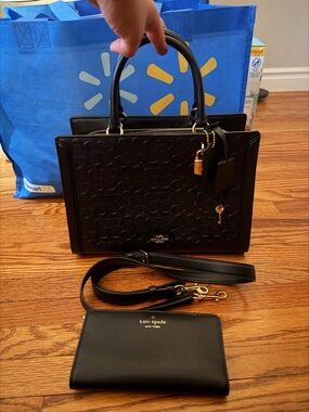 Signature leather coach satchel and Kate spade wallet black n gold set